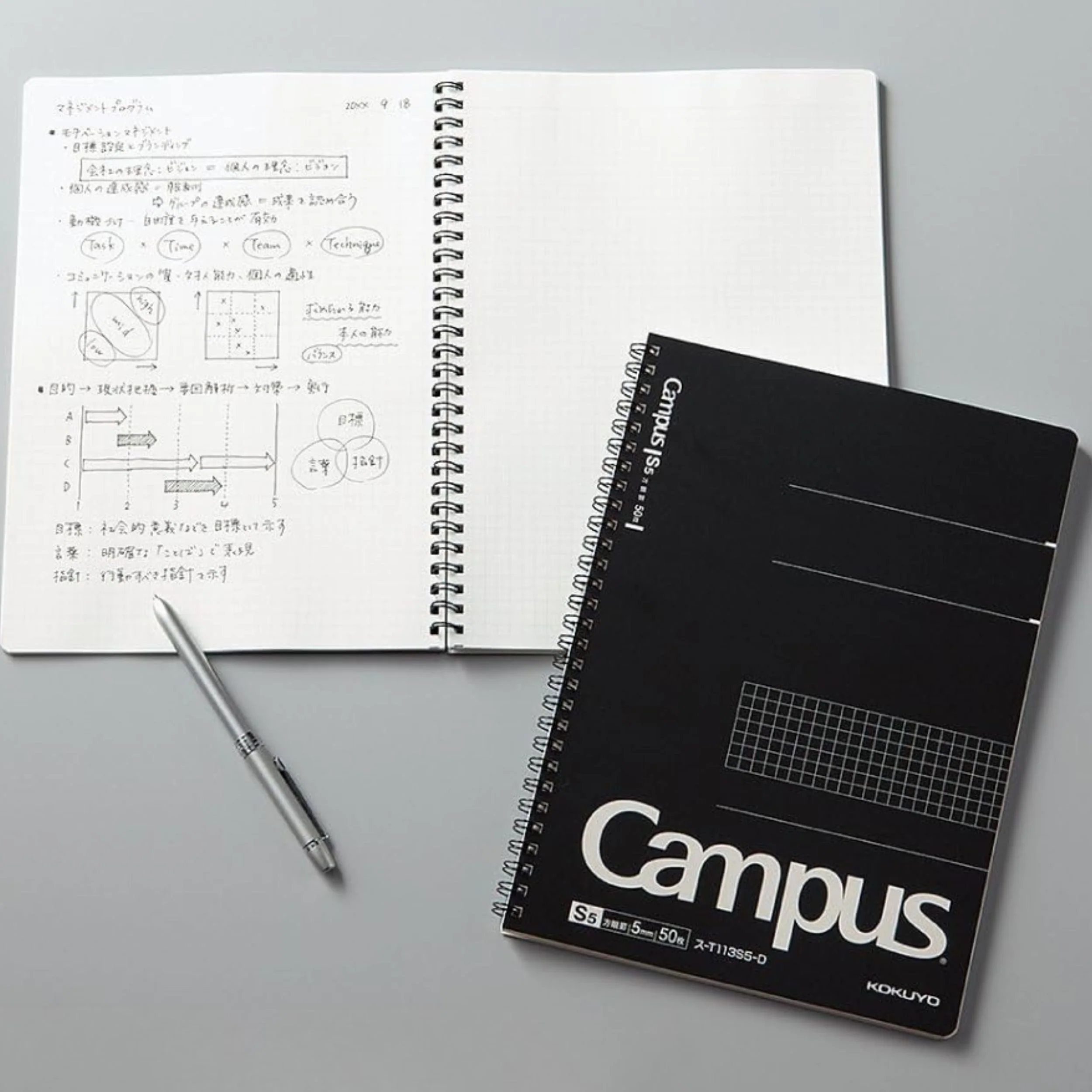 Campus Twin Ring Notebook Semi-B5 (Square Cut-off Ruled 5mm) Black - 50 Sheets - 5 pack - Image 2